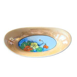 Japan Art Deco Floral Peach Luster Oval Relish Condiment Bowl Dish Hand Painted